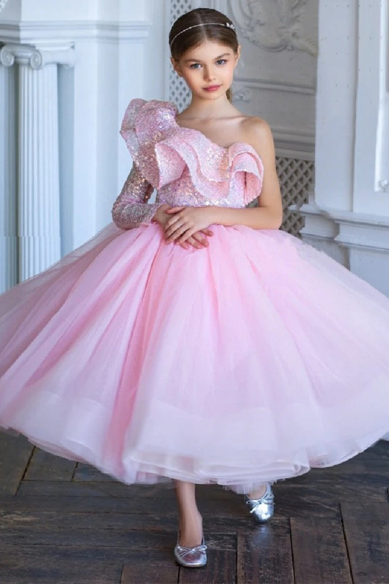 Ball Gown One Shoulder Long Sleeve Ankle Length Tulle Ruffled Sequin Bust Flower Girl Dresses 750104605618