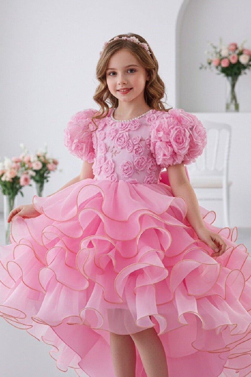 Princess Pearl Round Neck Short Puff Bubble Sleeve Ruffled Hi-Low Tulle Flower Girl Dresses 1030620832344