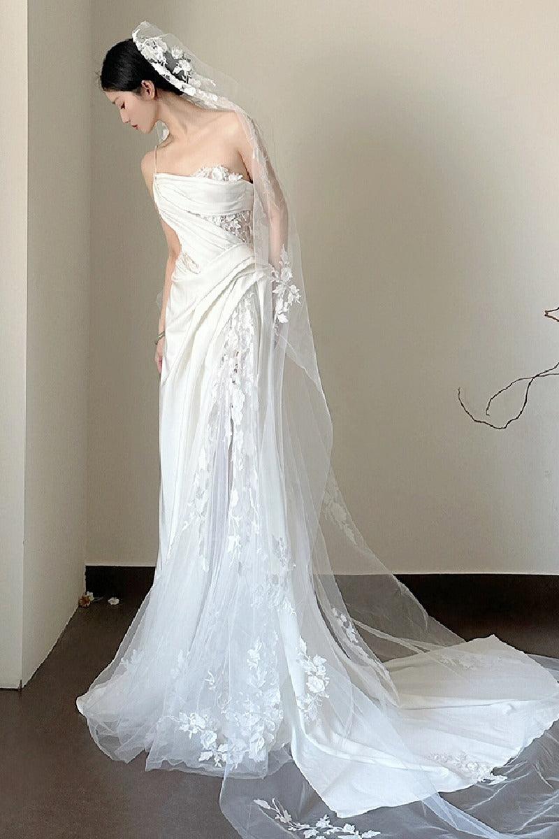 Sheath-Column Sweep-Brush Train Lace Satin Wedding Dress 783313297177 - COCOMELODY