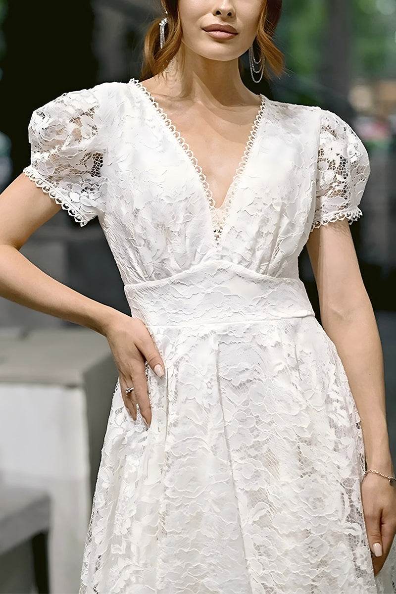 A-Line Tea Length Lace Little White Dress 100020 - COCOMELODY