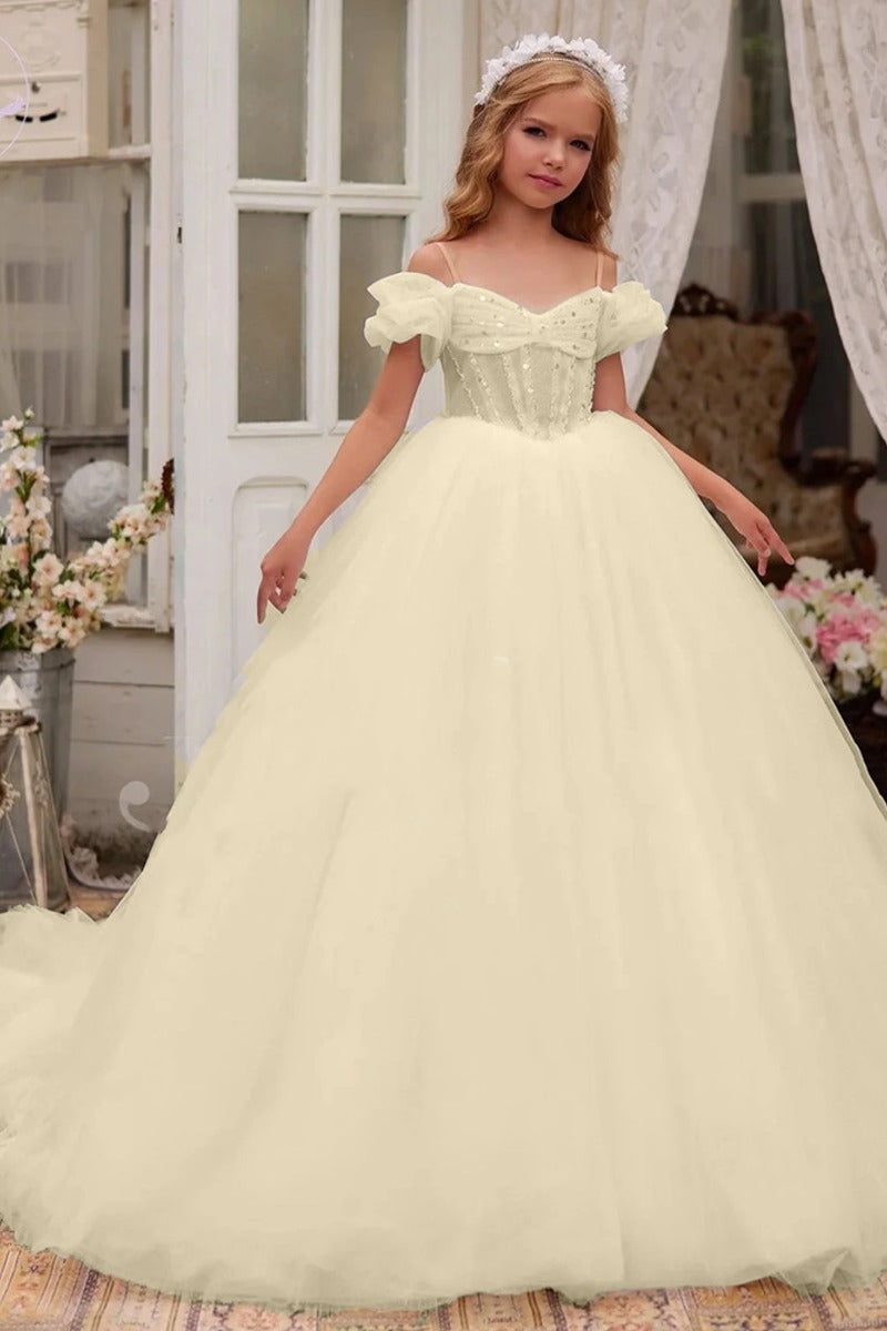 Off-Shoulder Puff Sleeve Corset Tulle Flower Girl Dresses 788863068858