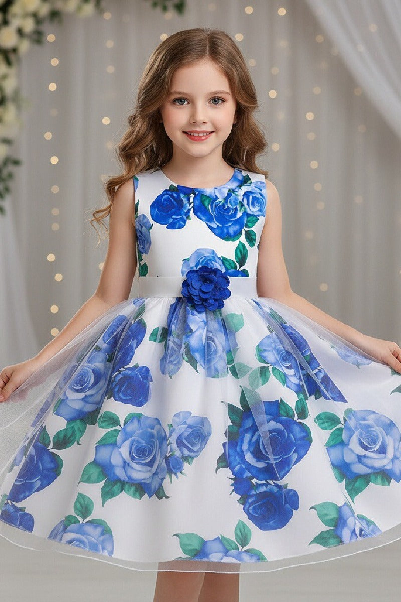 Princess Sleeveless Round Neck Floral Print Knee Length Stain Flower Girl Dresses 1029258726192