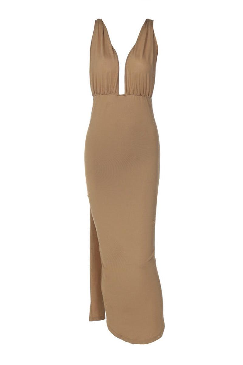 Stylish sexy deep V backless pleated split cocktail dress 712467099025 - COCOMELODY