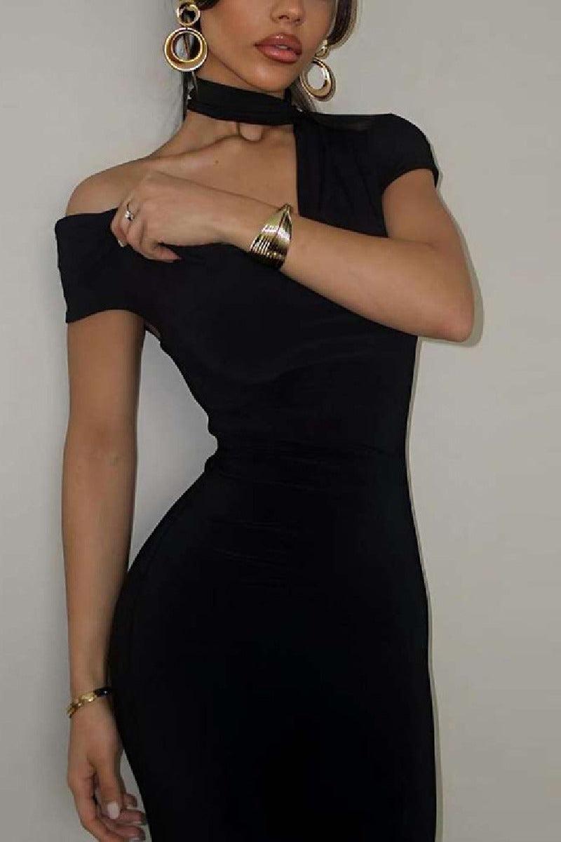 Stylish slim-fit dress with sloping neck and off-the-shoulder 784979974906 - COCOMELODY