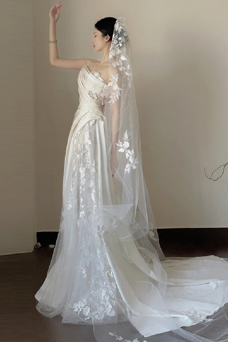 Sheath-Column Sweep-Brush Train Lace Satin Wedding Dress 783313297177 - COCOMELODY