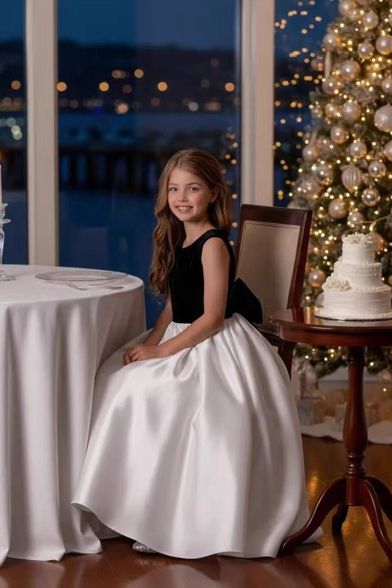 A-Line Satin Contrast Bodice with Bow Flower Girl Dresses 1009958013678