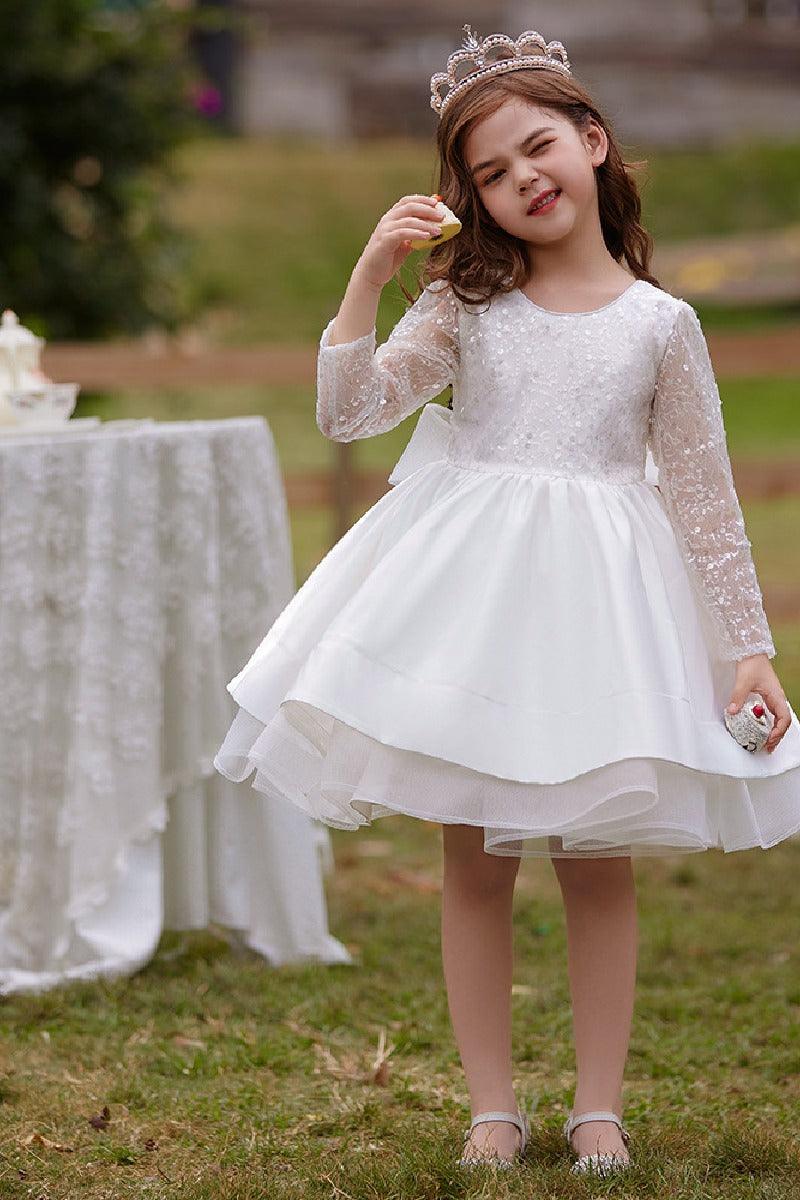 A-Line Scoop Neck Long Sleeve Knee Length Lace/Satin Flower Girl Dresses 709360205661 - COCOMELODY