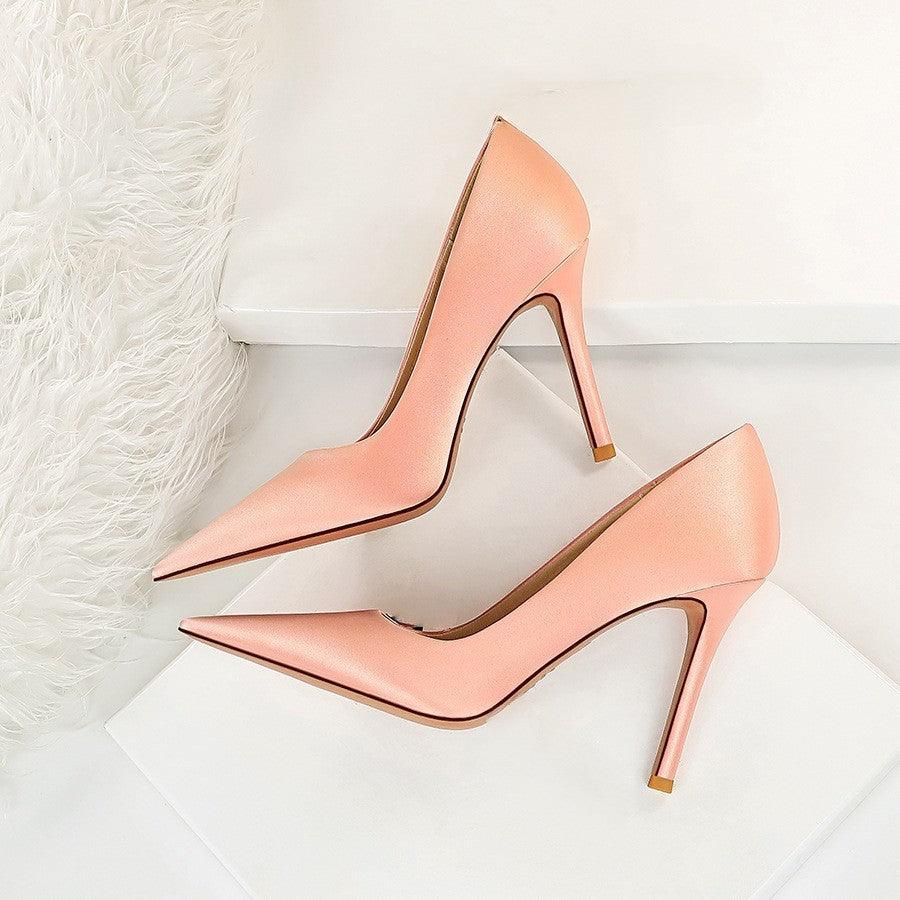 Green Satin Pointy Stiletto Heels 664584349468 - COCOMELODY
