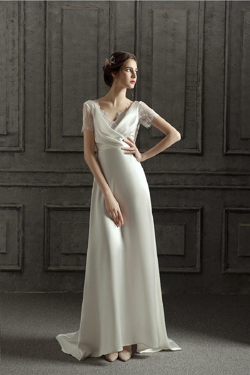 A-Line Sweep-Brush Train Satin Wedding Dress 687832654102 - COCOMELODY