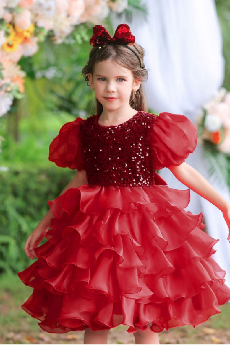 Princess Round Neck Puff Sleeve Sequin Ruffled Organza Knee Length Flower Girl Dresses 1029252510739