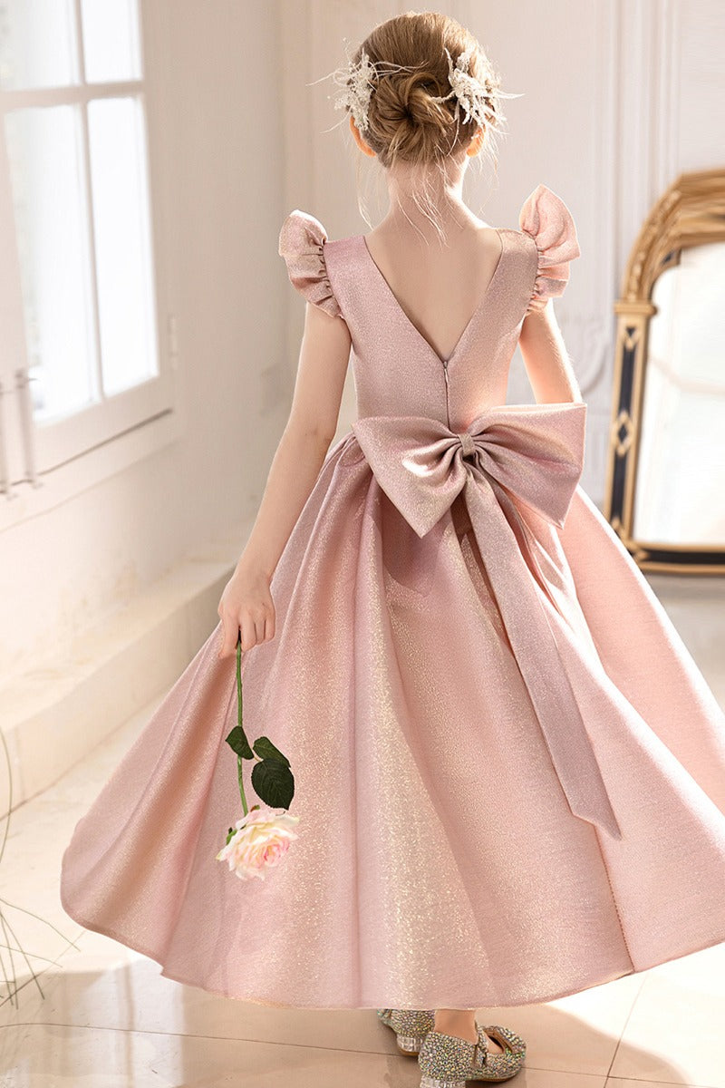 Glitter Fabric Gown Ruffle Sleeves Bow Floor Length Flower Girl Dresses 916560252784