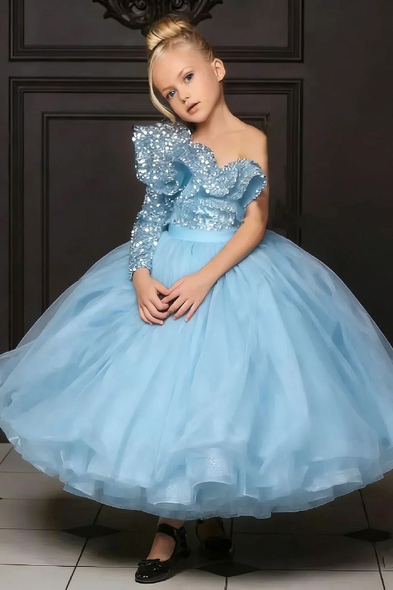 Ball Gown One Shoulder Long Sleeve Ankle Length Tulle Ruffled Sequin Bust Flower Girl Dresses 750104605618