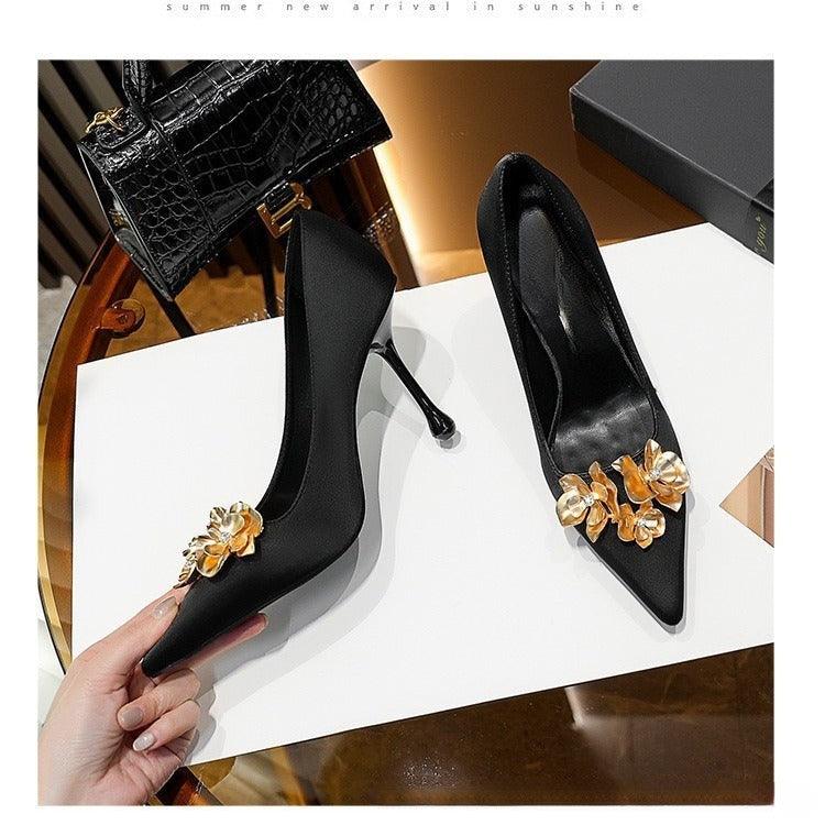 3D Flowers black Satin Pointy Stiletto Heels 769556407493 - COCOMELODY