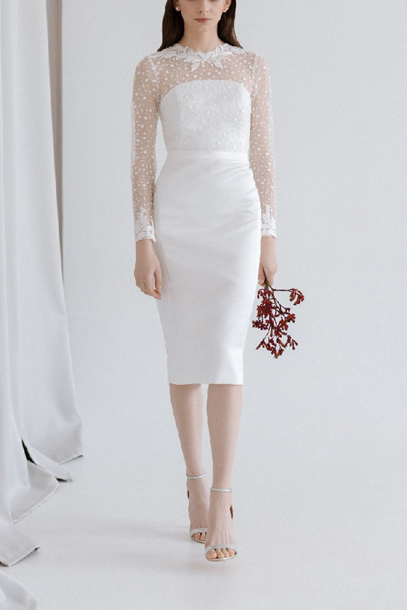 Sheath-Column Tea Length Lace Satin little white dress100002