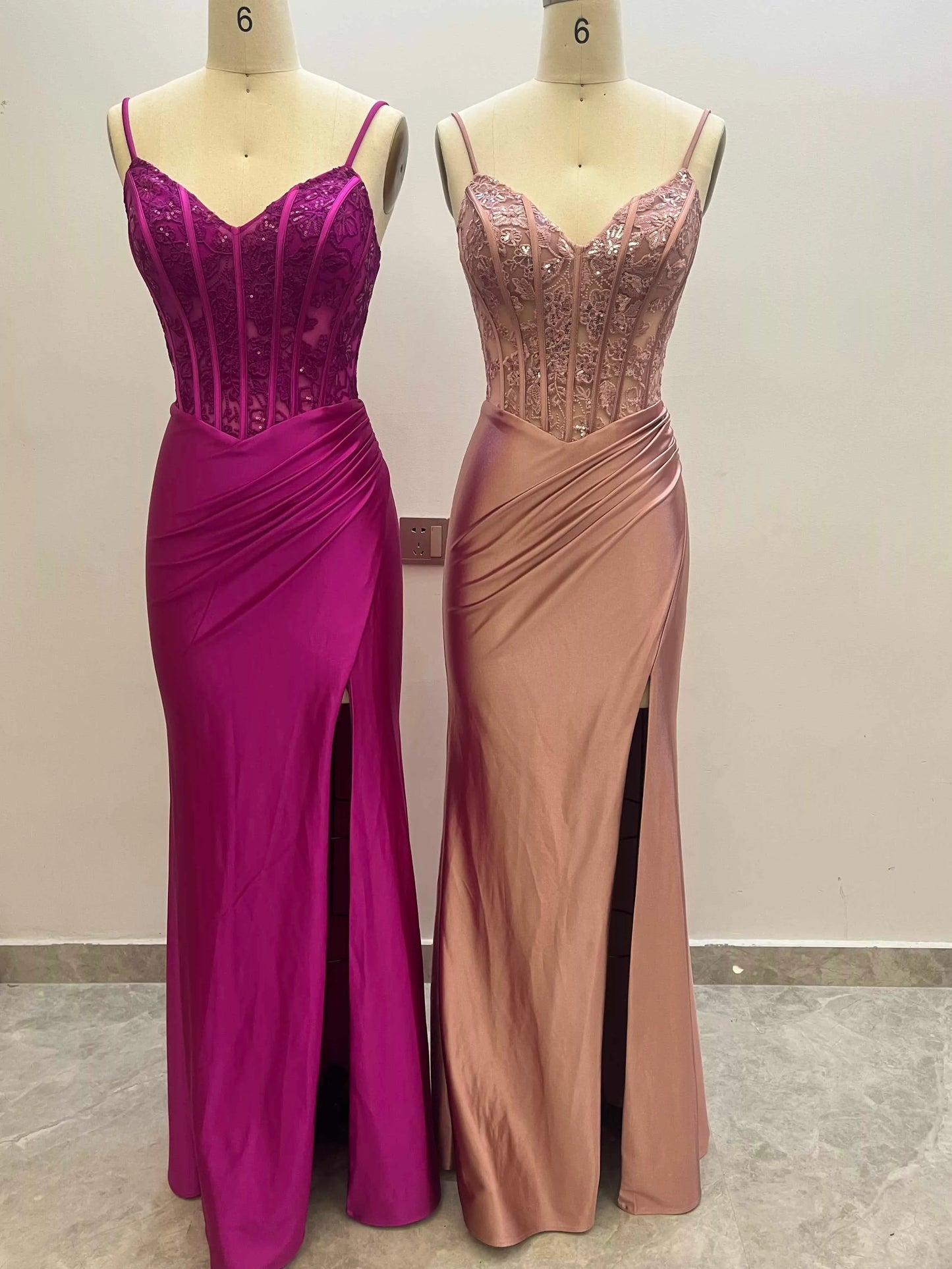 Spaghetti Straps V Neck Applique Stretch Satin Prom Dresses CS0917