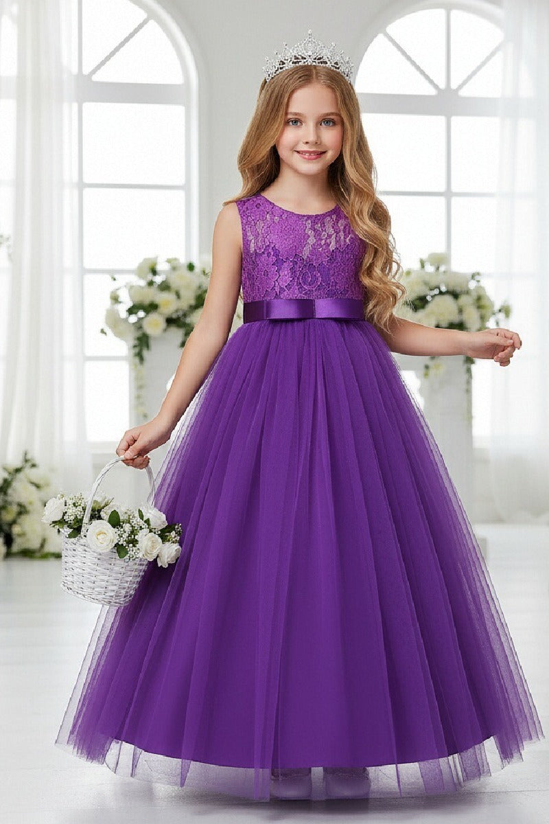 A-Line Round Neck Sleeveless Floral Lace Floor Length Tulle Flower Girl Dresses 1030687853202
