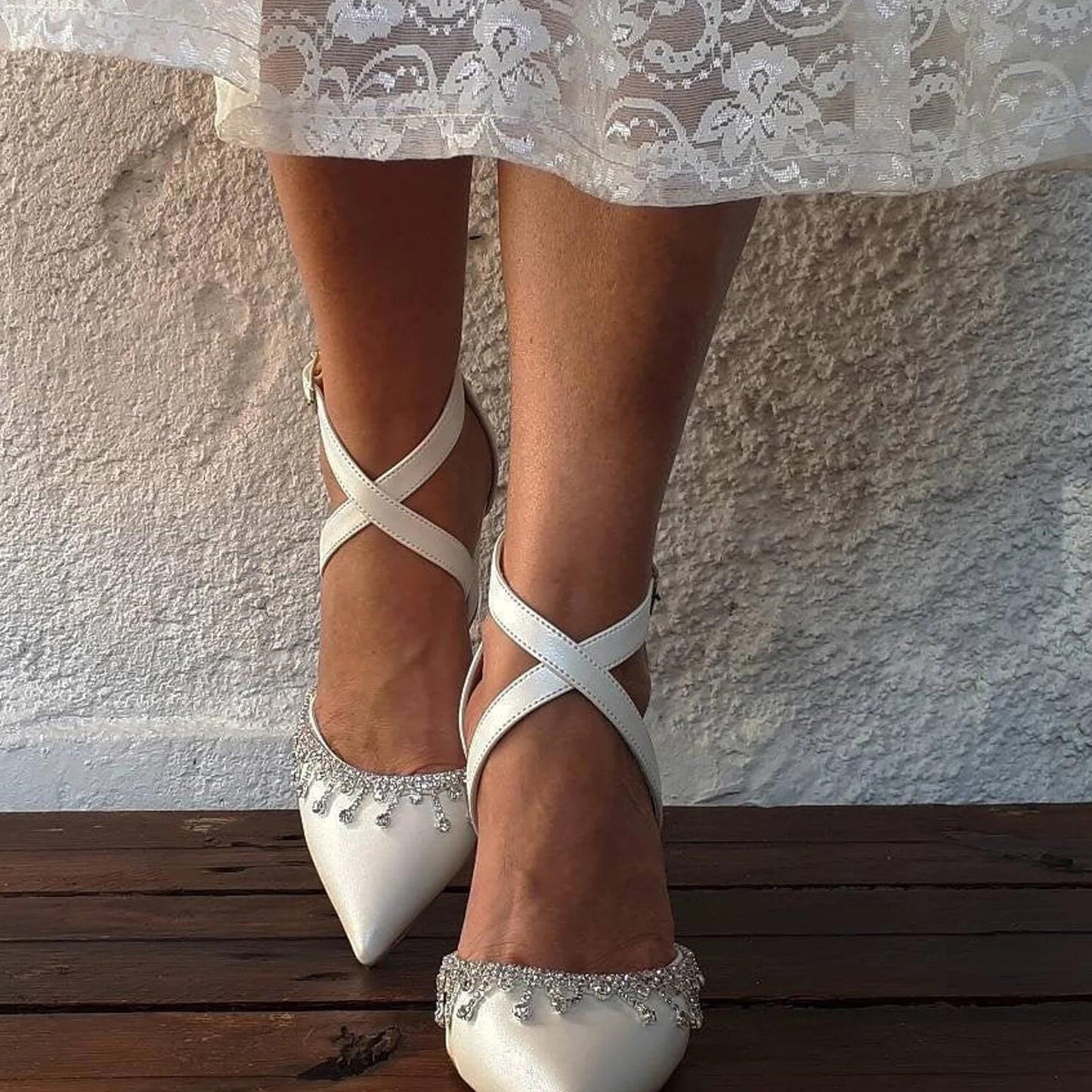 Pointed Toe Dress Flats Crisscross Ankle Strap Crystal Trim Shoes 857237211514