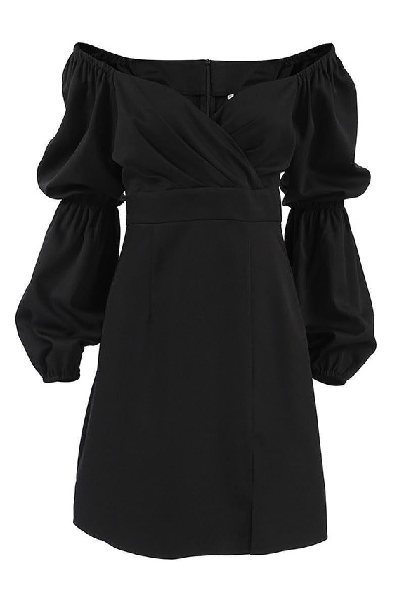 Black V-neck lantern sleeve waistline A-line little black cocktail dress 840281839688 - COCOMELODY