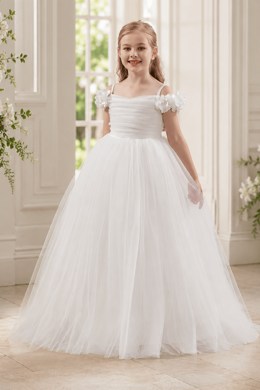 Elegant Floral Shoulder Ruched Bodice Tulle Flower Girl Dresses 890443747250