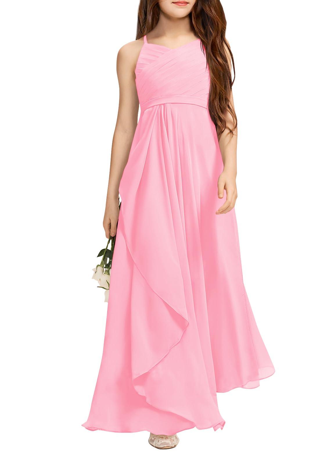 A-Line Halter Junior Bridesmaid Dress - Flowy Chiffon Maxi Gown B0C7CGNHD6 - COCOMELODY