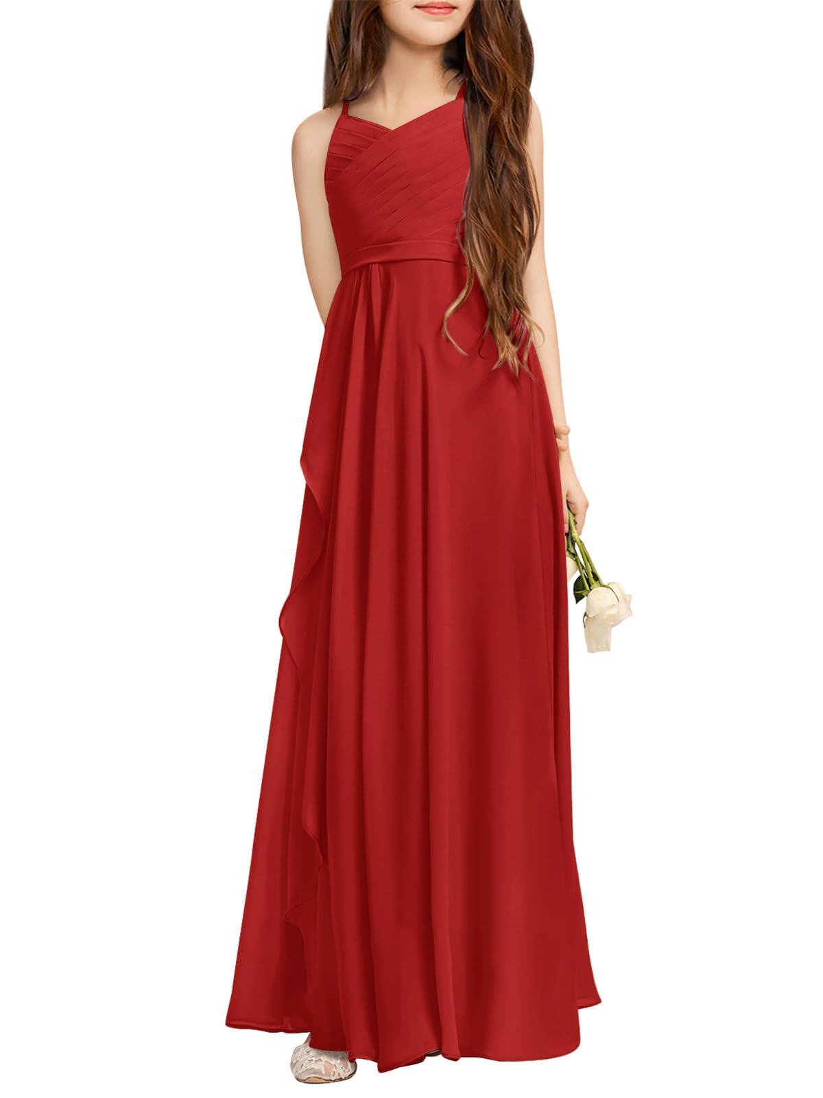 A-Line Halter Junior Bridesmaid Dress - Flowy Chiffon Maxi Gown B0C7CGNHD6 - COCOMELODY