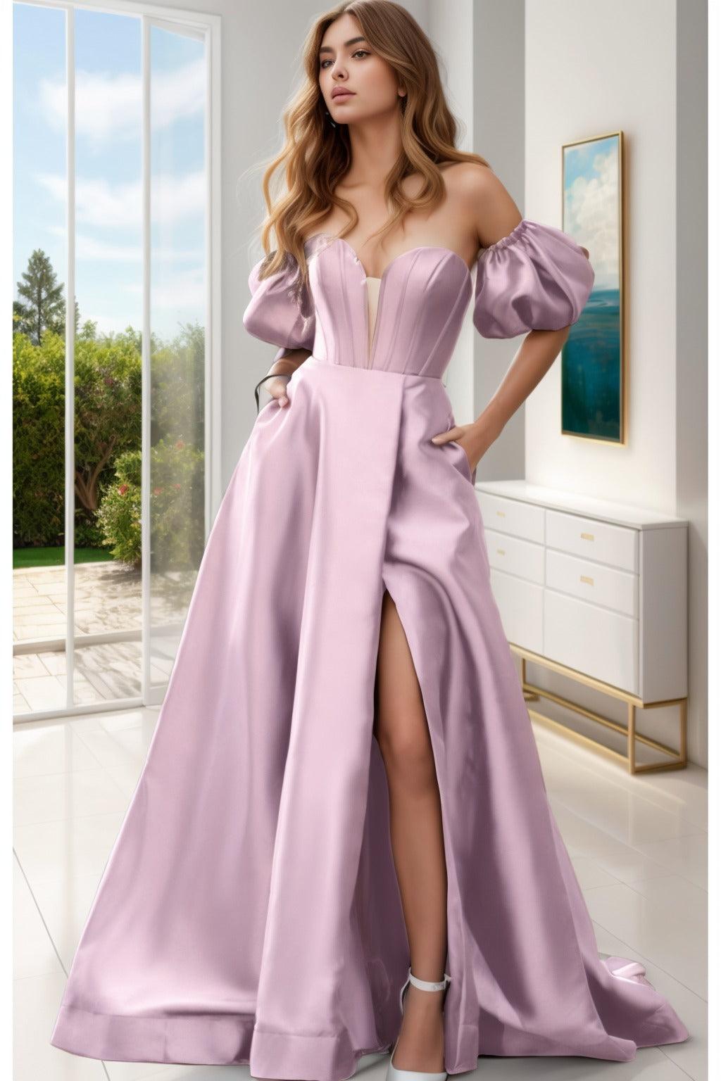 A-Line Sweep-Brush Train Satin Prom Dress CS0448 - COCOMELODY