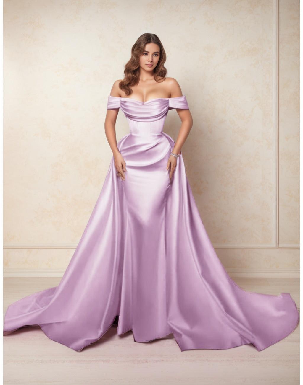 A-Line Chapel Train Satin Prom Dress CS0416 - COCOMELODY