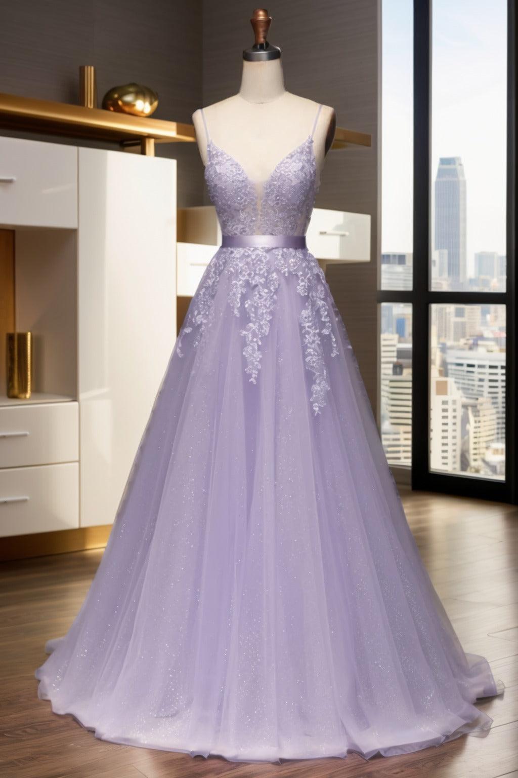 A-Line Sweep-Brush Train Tulle Prom Dress CS0464 - COCOMELODY
