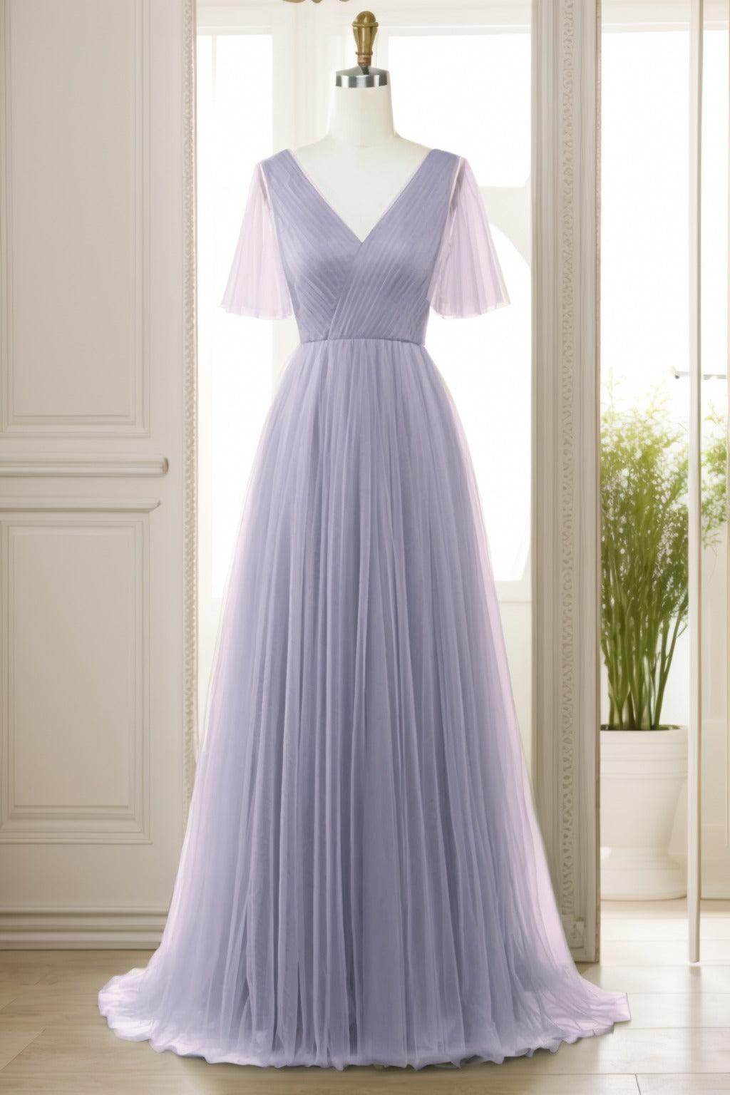 A-Line Sweep-Brush Train Tulle Prom Dress CS0472 - COCOMELODY