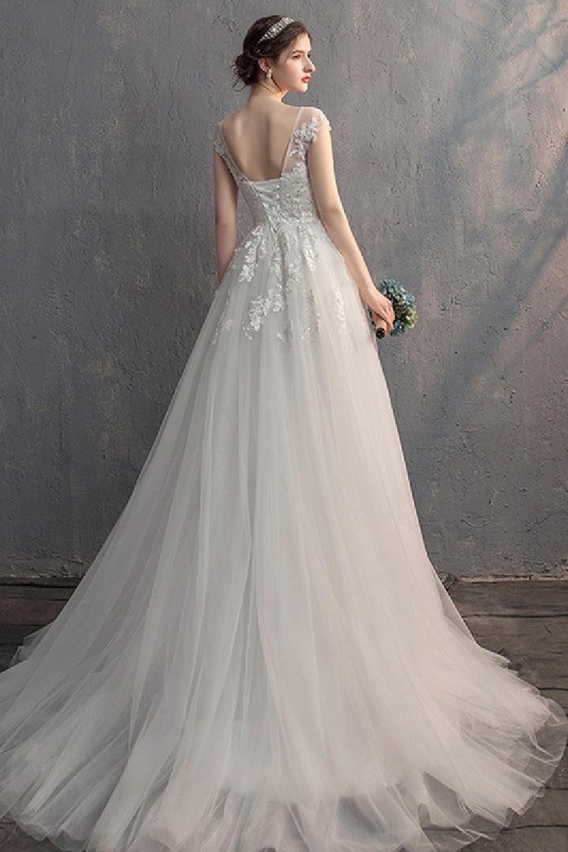 A-Line Sweep-Brush Train Lace Tulle Wedding Dress 774150163562 - COCOMELODY