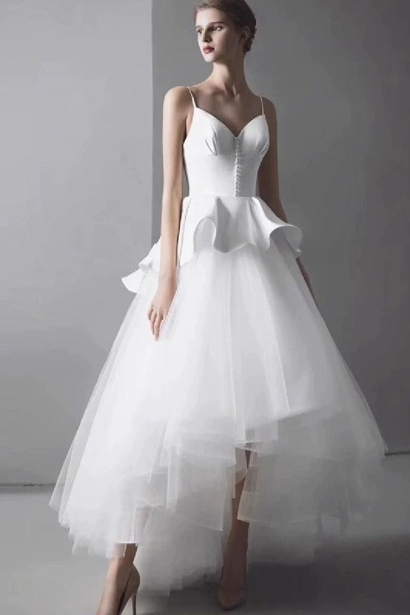 A-Line High-Low Satin Tulle Wedding Dress 864948248312 - COCOMELODY