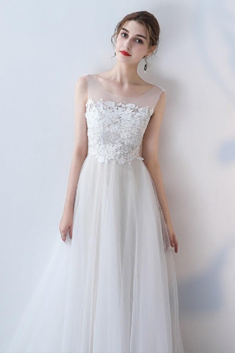 A-Line Sweep-Brush Train Lace Tulle Wedding Dress 623545078224 - COCOMELODY