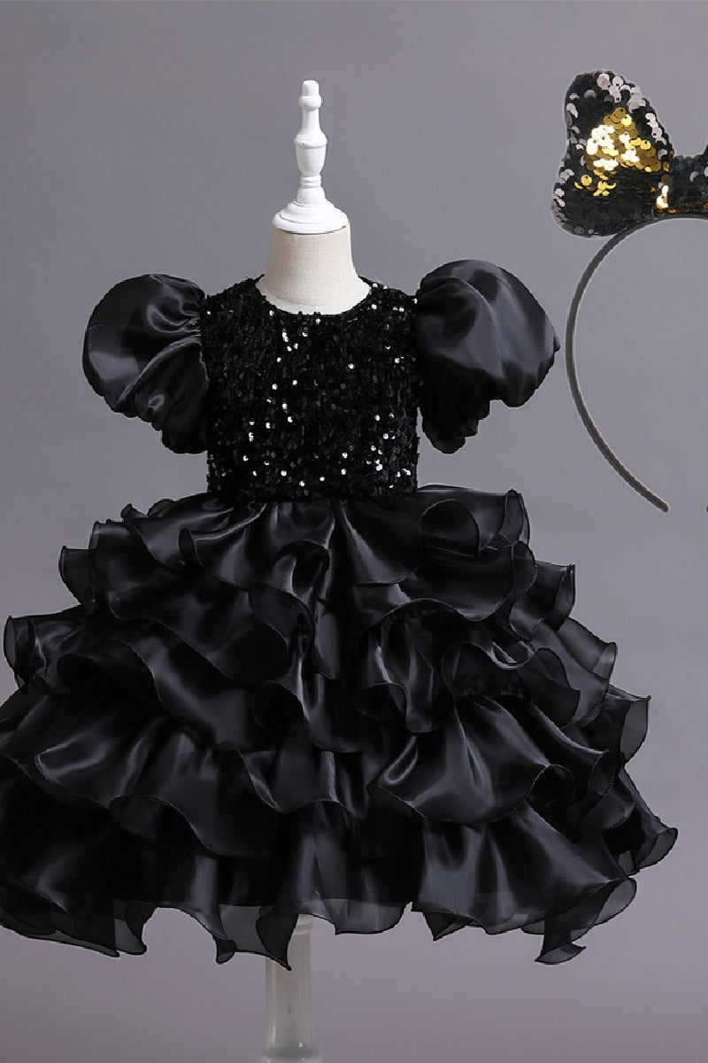 Princess Round Neck Puff Sleeve Sequin Ruffled Organza Knee Length Flower Girl Dresses 1029252510739