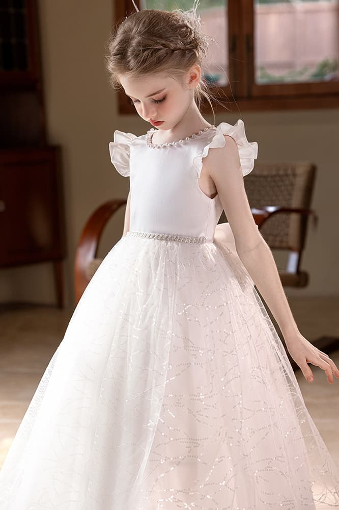 Sequin Tulle Ruffle Sleeves Pearl V-Back Bow Flower Girl Dresses 915170698367
