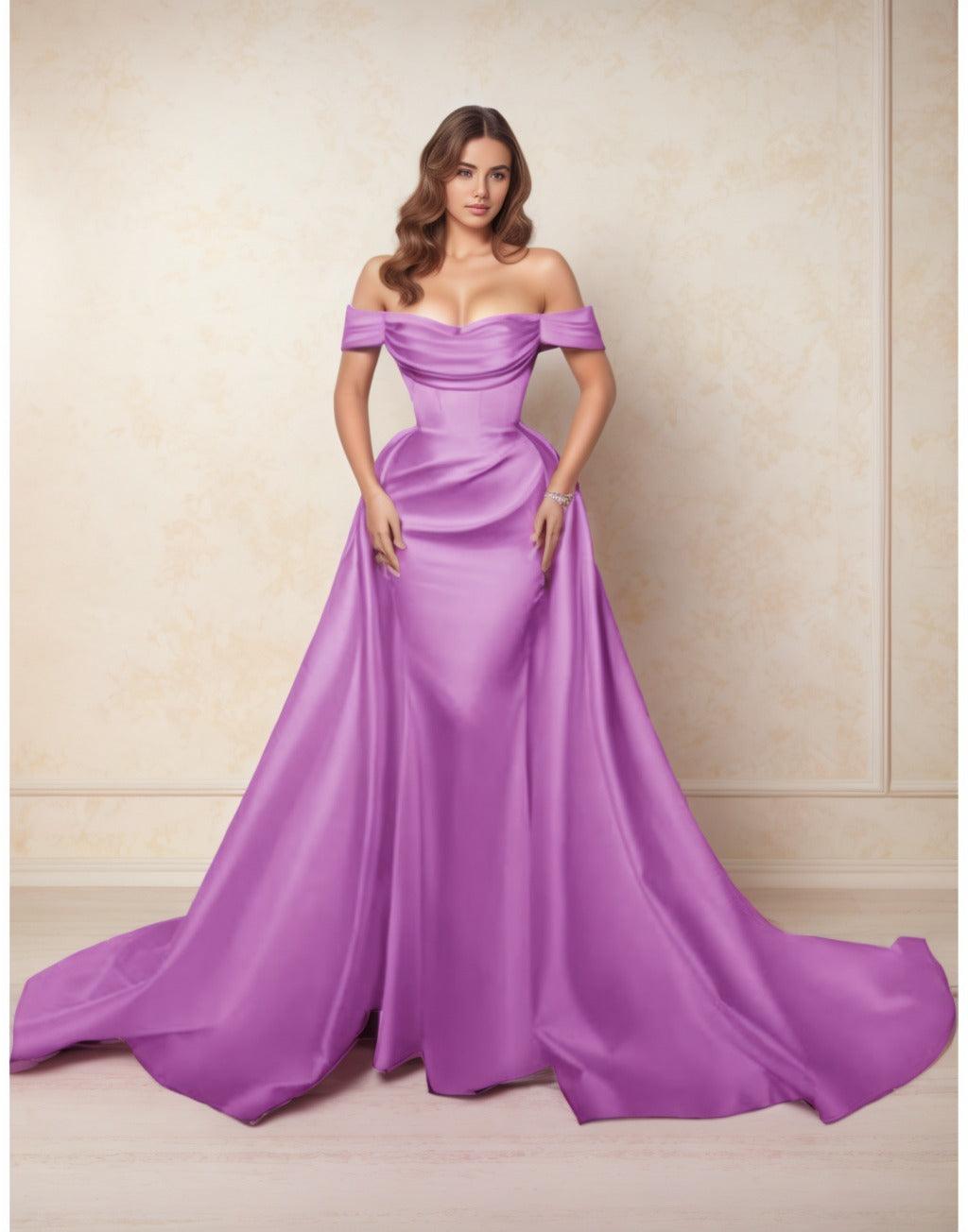 A-Line Chapel Train Satin Prom Dress CS0416 - COCOMELODY