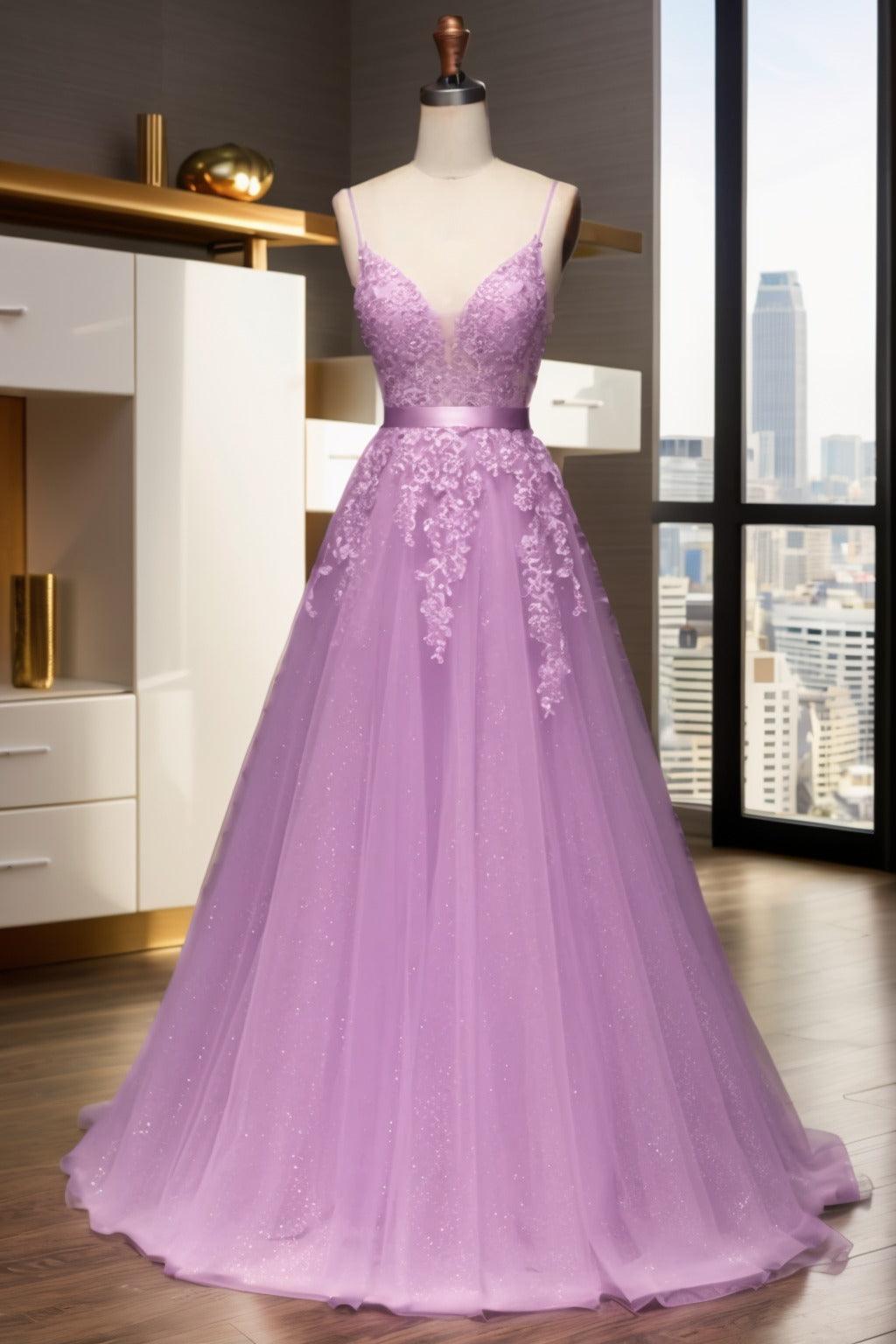 A-Line Sweep-Brush Train Tulle Prom Dress CS0464 - COCOMELODY