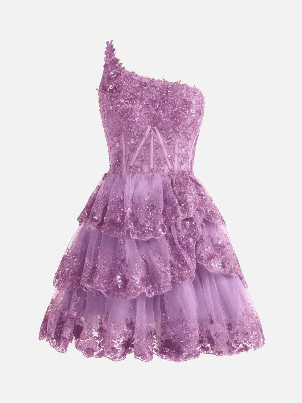 A-Line Short Mini Tulle Prom Dress One Shoulder Tiered Lace Homecoming Dresses COCOMELODY CS0420, Fandango Pink A-Line Short Mini Tulle Prom Dress One Shoulder Tiered Lace Homecoming Dresses COCOMELODY CS0420, Fandango Pink