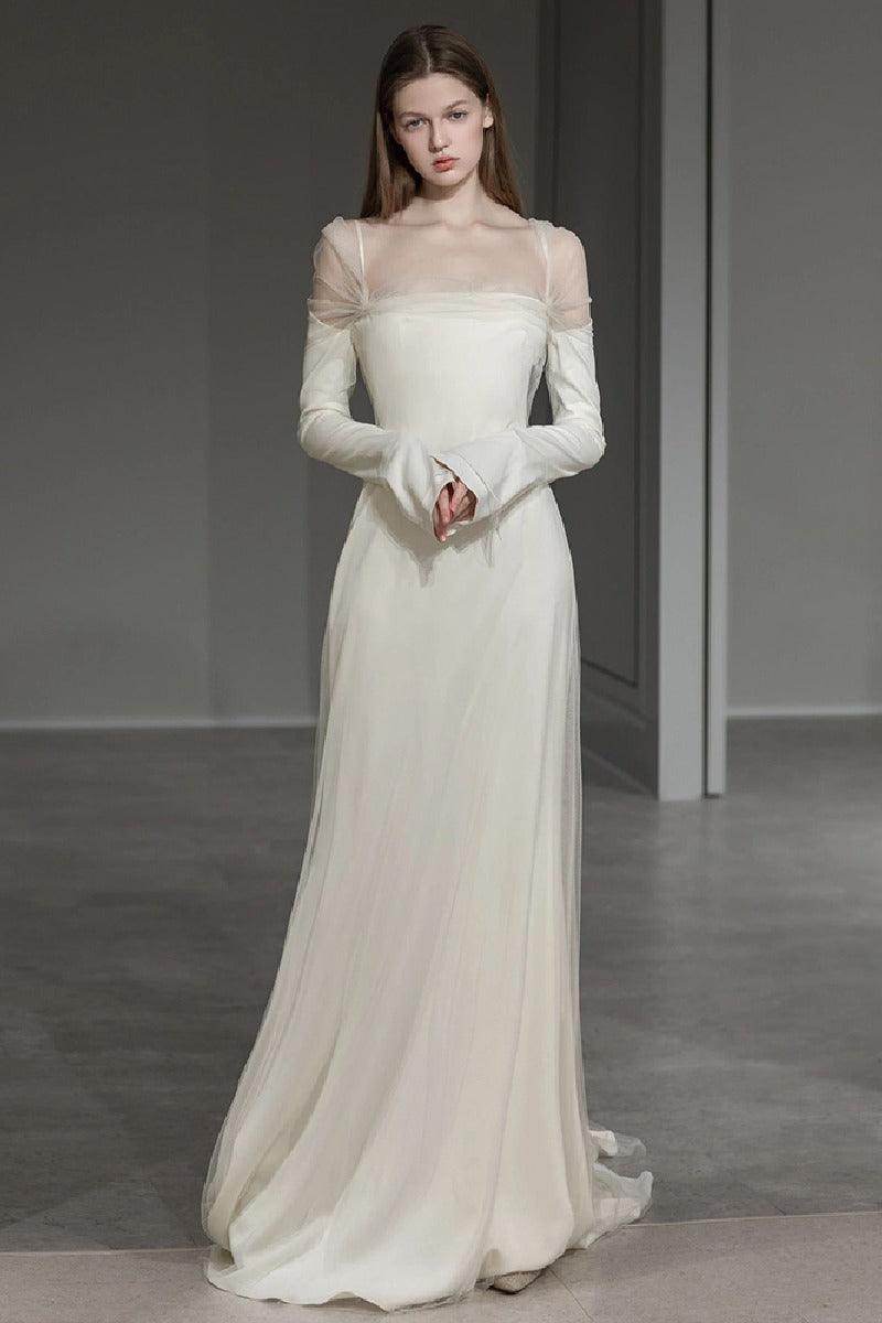 A-Line Sweep-Brush Train Satin Wedding Dress 743493384317 - COCOMELODY