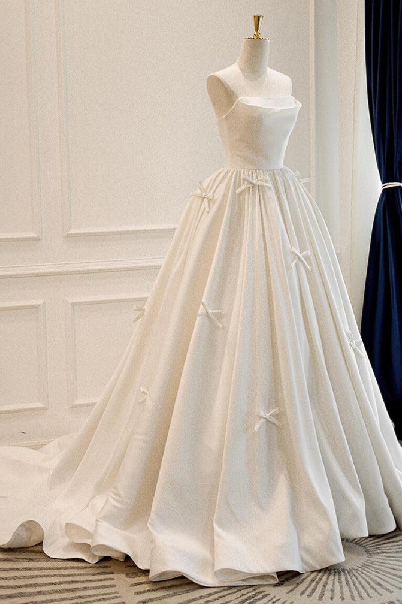 A-Line Sweep-Brush Train Satin Wedding Dress 819306631963 - COCOMELODY