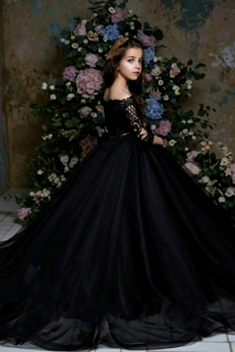 A-Line Off-Shoulder Lace Long Sleeve Tulle Flower Girl Dresses 689012261696
