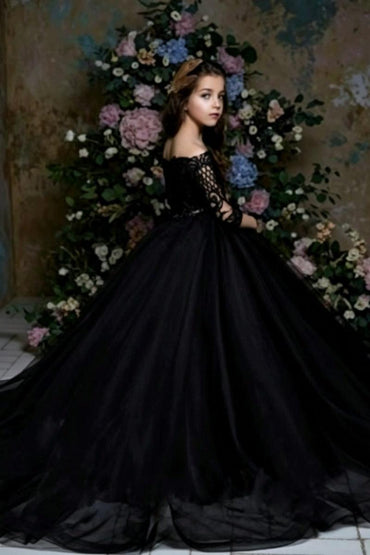 A-Line Off-Shoulder Lace Long Sleeve Tulle Flower Girl Dresses 689012261696 - 10 Days / Black / 2 - COCOMELODY