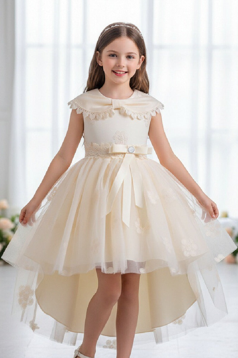 Princess Peter Pan Collar Lace Trim High-Low Floral Tulle Flower Girl Dresses 1030171849352
