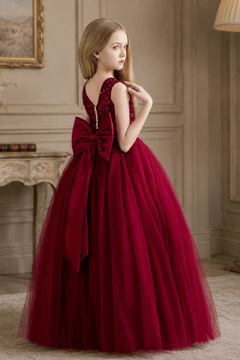 Elegant Lace Bodice Illusion Neckline Bow Back Tulle Flower Girl Dresses 901111463292
