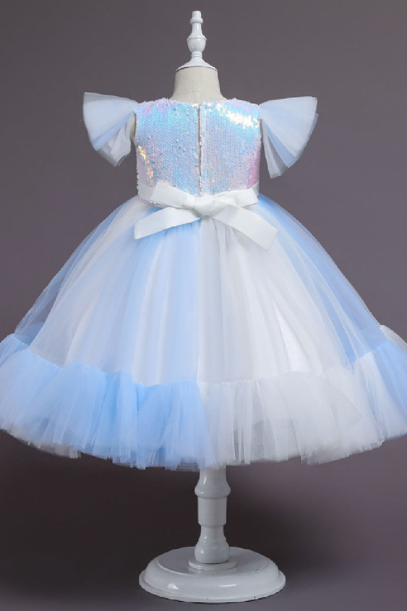 Ball Gown Flutter Sleeve Iridescent Sequin Tulle Matching Bow Headband Flower Girl Dresses 1031506040712