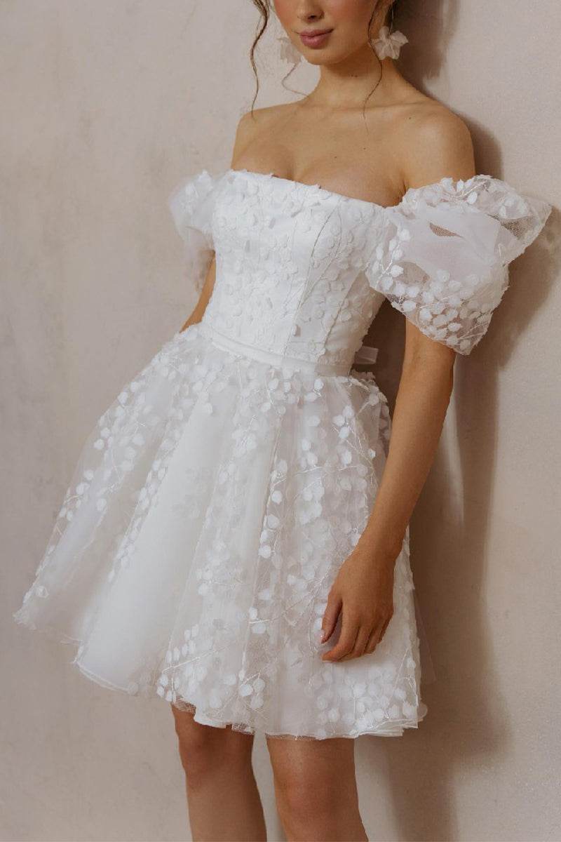 A-Line Short-Mini Lace Organza Little White Dress 100040 - COCOMELODY