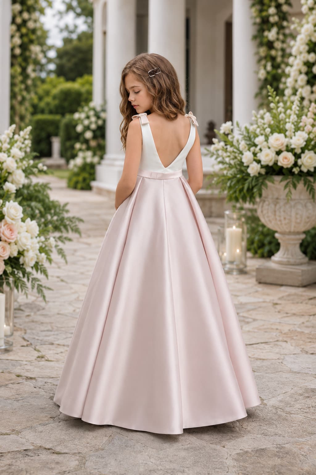 Flower Girl Dresses Satin V-Back Bow Straps Floor Length Wedding Gown 1058875849330