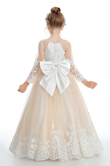 Ball-Gown/Princess Lace Tulle Sweep Floor Length Flower Girl Dresses Pageant Dresses With Bow 760441981255 - COCOMELODY
