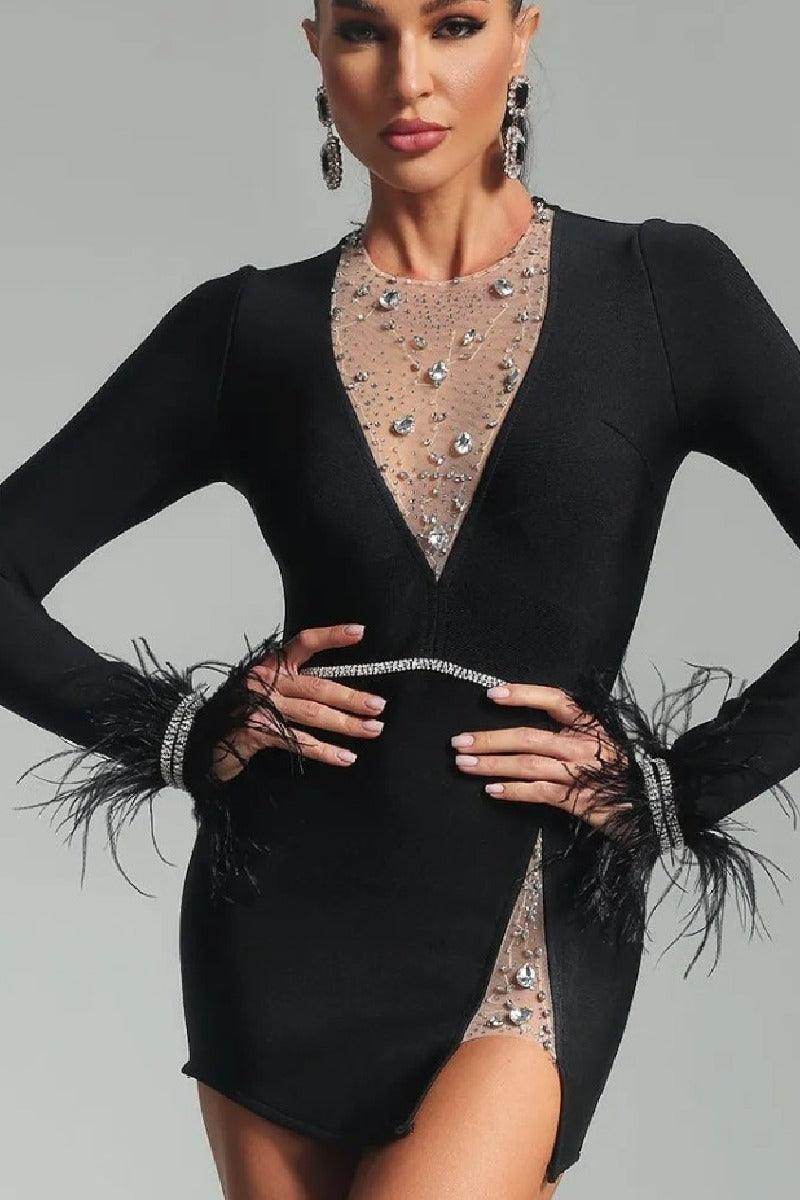 Feathered long sleeve little black dress bandage cocktail dress 799166656038 - COCOMELODY