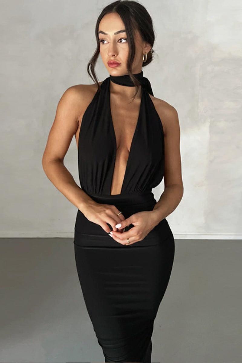 Stylish sexy deep V backless pleated split cocktail dress 712467099025 - COCOMELODY