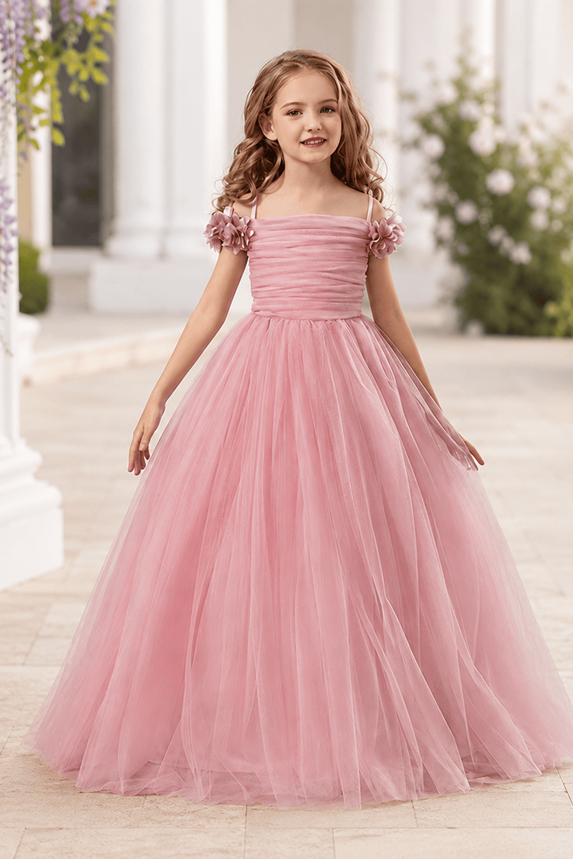 Elegant Floral Shoulder Ruched Bodice Tulle Flower Girl Dresses 890443747250